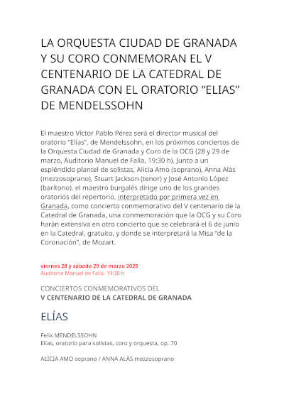 La Orquesta Ciudad de Granada y su Coro celebran el V Centenario de la Catedral de Granada con un concierto conmemorativo de alto valor cultural.