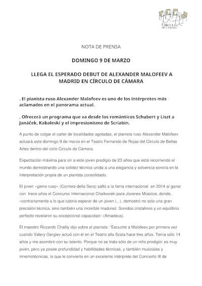 Debut de Alexander Malofeev en Madrid, en el Círculo de Cámara. Un evento musical excepcional que promete cautivar a todos los asistentes.