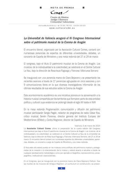 IV Congreso Internacional sobre el Patrimonio Musical de la Corona de Aragón en la Universitat de València, para amantes de la música.