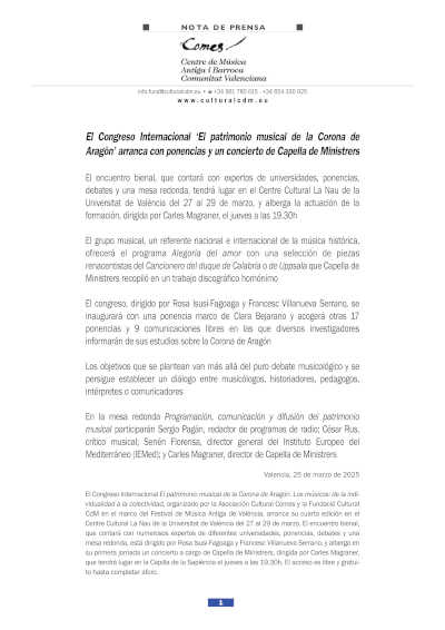 El Congreso Internacional "El patrimonio musical de la Corona de Aragón" comienza con destacadas ponencias académicas y un concierto de Capella de Ministrers.