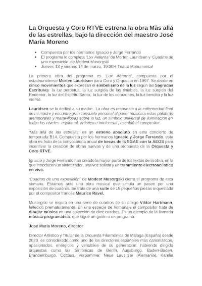 La Orquesta y Coro RTVE presentan "Más allá de las estrellas", una obra innovadora dirigida por el maestro José María Moreno. La Orquesta y Coro RTVE presentan "Más allá de las estrellas", una obra innovadora dirigida por el maestro José María Moreno.