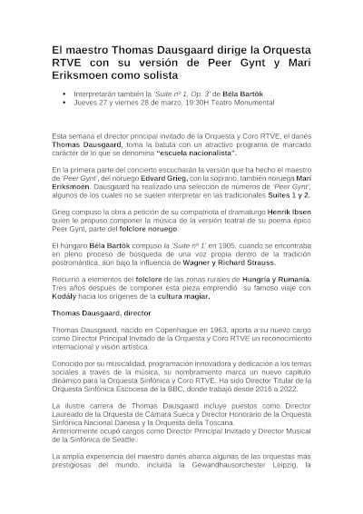 El maestro Thomas Dausgaard dirige a la Orquesta RTVE con Peer Gynt, acompañado por la soprano Mari Eriksmoen como solista invitada. El maestro Thomas Dausgaard dirige a la Orquesta RTVE con Peer Gynt, acompañado por la soprano Mari Eriksmoen como solista invitada.