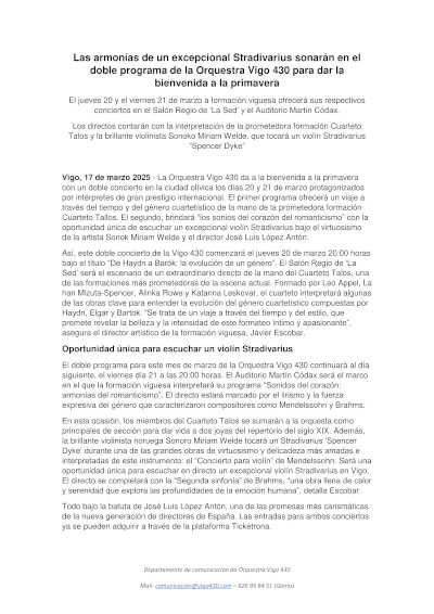 Las armonías de un excepcional Stradivarius resonarán en el doble programa de la Orquestra Vigo 430, ofreciendo una experiencia única con su inigualable sonido. Las armonías de un excepcional Stradivarius resonarán en el doble programa de la Orquestra Vigo 430, ofreciendo una experiencia única con su inigualable sonido.