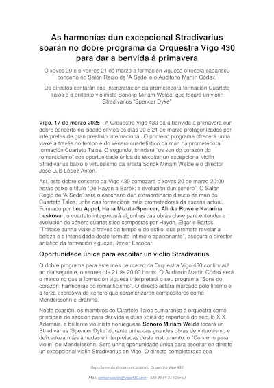 Las armonías de un excepcional Stradivarius resonarán en el doble programa de la Orquestra Vigo 430, ofreciendo una experiencia única con su inigualable sonido. Las armonías de un excepcional Stradivarius resonarán en el doble programa de la Orquestra Vigo 430, ofreciendo una experiencia única con su inigualable sonido.