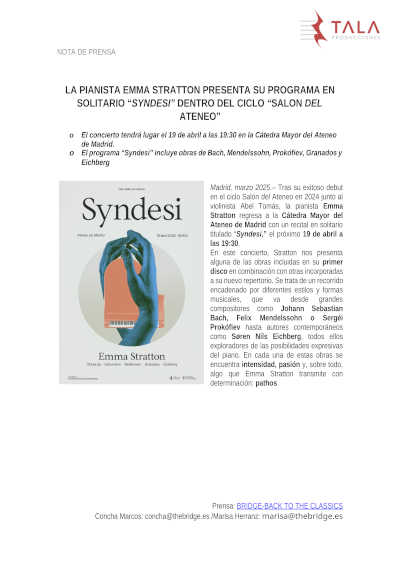 La pianista Emma Stratton interpreta "Syndesi", su programa en solitario, dentro del ciclo "Salón del Ateneo", destacando repertorio contemporáneo. La pianista Emma Stratton interpreta "Syndesi", su programa en solitario, dentro del ciclo "Salón del Ateneo", destacando repertorio contemporáneo.