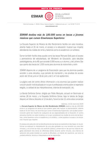 ESMAR ofrece más de 100.000 euros en becas para jóvenes músicos de Enseñanzas Superiores, apoyando su desarrollo artístico y profesional.