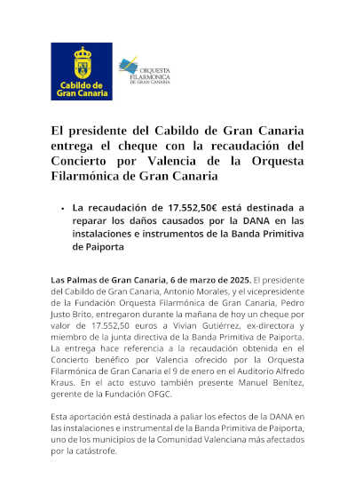 El presidente del Cabildo de Gran Canaria hace entrega del cheque con la recaudación del Concierto por Valencia de la OFGC.