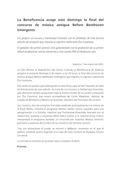 Este domingo, la Beneficencia será el escenario de la final del concurso de música antigua Before Beethoven Emergents.