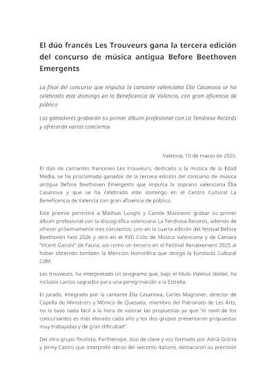 Les Trouveurs, el dúo francés, triunfa en la tercera edición del concurso de música antigua Antes de Beethoven Emergents.