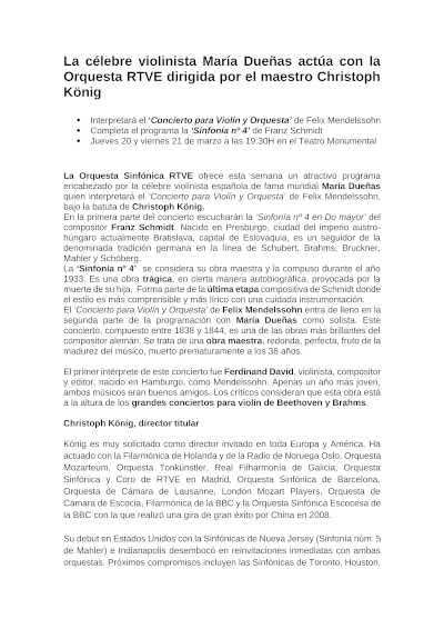 La célebre violinista María Dueñas se presenta junto a la Orquesta RTVE bajo la dirección del maestro Christoph König en un concierto de gran excelencia musical. La célebre violinista María Dueñas se presenta junto a la Orquesta RTVE bajo la dirección del maestro Christoph König en un concierto de gran excelencia musical.
