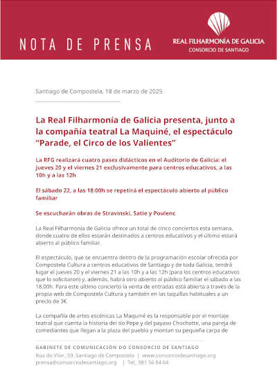 La Real Filharmonía de Galicia y La Maquiné presentan *Parade, el Circo de los Valientes*, un espectáculo que fusiona música y teatro en una propuesta escénica única. La Real Filharmonía de Galicia y La Maquiné presentan *Parade, el Circo de los Valientes*, un espectáculo que fusiona música y teatro en una propuesta escénica única.