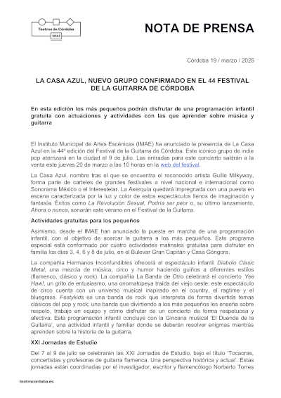La Casa Azul se suma al cartel del 44 Festival de la Guitarra de Córdoba, consolidando un evento de referencia con artistas de renombre y propuestas innovadoras.