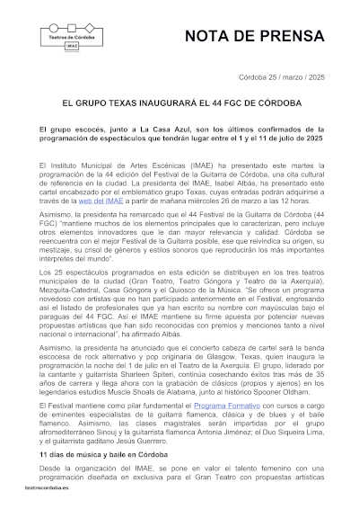 El grupo Texas inaugurará el 44 Festival de la Guitarra de Córdoba