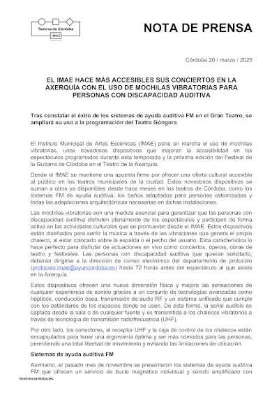 El IMAE mejora la accesibilidad en La Axerquía con mochilas vibratorias, permitiendo a personas con discapacidad auditiva disfrutar de sus conciertos de forma inclusiva.