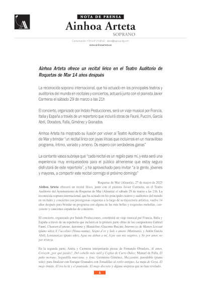 La soprano Ainhoa Arteta regresa al Teatro Auditorio de Roquetas de Mar con un recital lírico, tras 14 años de ausencia en este escenario. La soprano Ainhoa Arteta regresa al Teatro Auditorio de Roquetas de Mar con un recital lírico, tras 14 años de ausencia en este escenario.