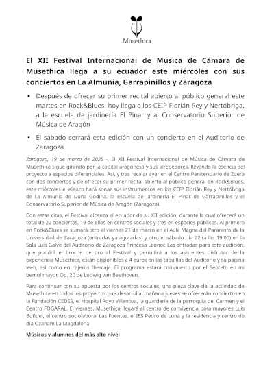 El XII Festival Internacional de Música de Cámara de Musethica inicia su gira social y presenta su primer concierto público, acercando la excelencia musical a nuevos espacios. El XII Festival Internacional de Música de Cámara de Musethica inicia su gira social y presenta su primer concierto público, acercando la excelencia musical a nuevos espacios.