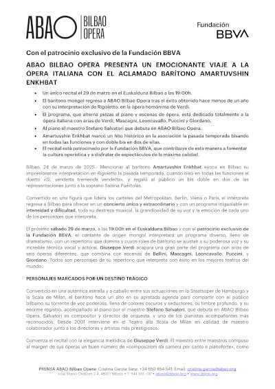 ABAO Bilbao Opera ofrece una experiencia única en la ópera italiana con la destacada actuación del barítono Amartuvshin Enkhabat.