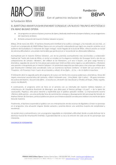 El barítono Amartuvshin Enkhbat logra un triunfo apoteósico en ABAO Bilbao Opera, consolidando su prestigio en el panorama lírico internacional.