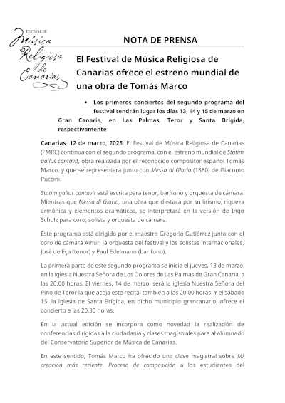 El Festival de Música Religiosa de Canarias te invita a disfrutar del estreno mundial de una obra de Tomás Marco.