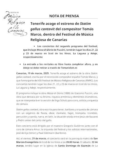 El Festival de Música Religiosa de Canarias te invita a disfrutar del estreno mundial de una obra de Tomás Marco.