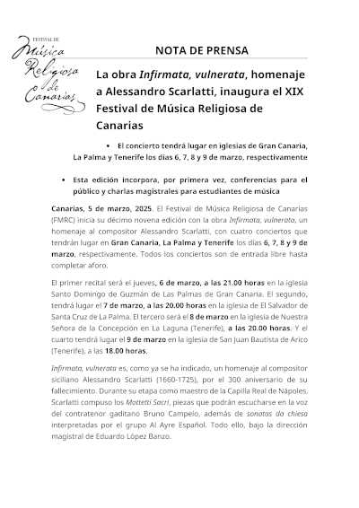 La obra Infirmata, vulnerata, rinde homenaje a Alessandro Scarlatti y da inicio al XIX Festival de Música Religiosa de Canarias.