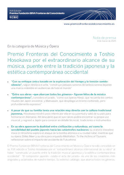 Toshio Hosokawa Premio Fronteras del Conocimiento en Música y Ópera, destaca su impacto y creatividad en la música contemporánea.