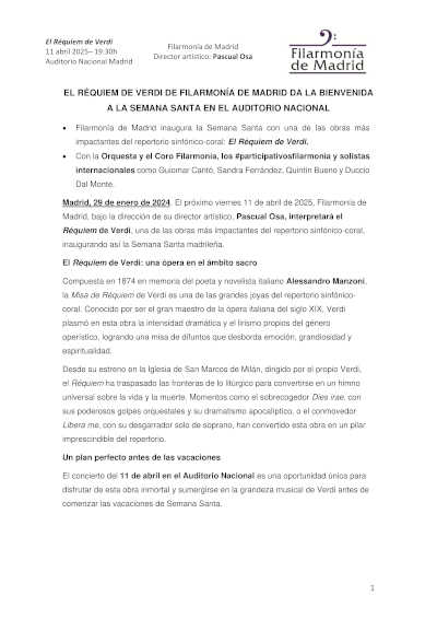 El Réquiem de Verdi, interpretado por Filarmonía de Madrid en el Auditorio Nacional, inaugura la Semana Santa con una destacada propuesta musical y cultural.