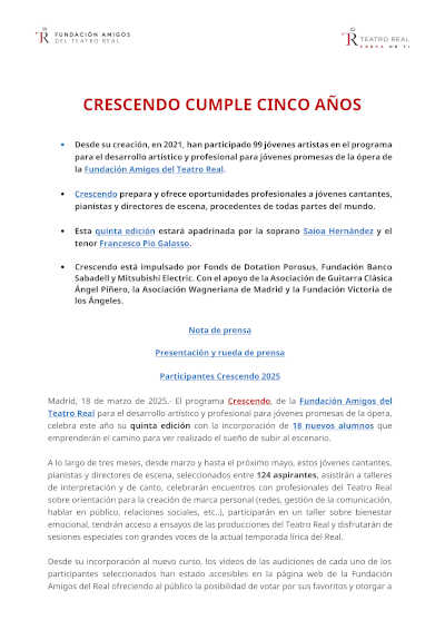 Crescendo celebra cinco años impulsando el futuro de la ópera con innovaciones que fortalecen su evolución. Un referente en la escena operística actual.