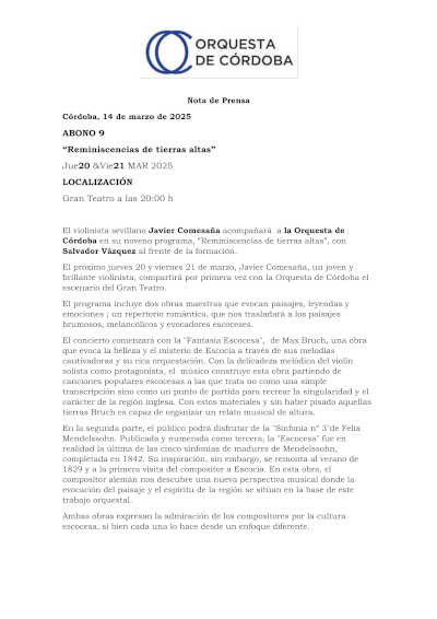 La Orquesta de Córdoba y el violinista Javier Comesaña presentan *Reminiscencias de Tierras Altas* en el Gran Teatro, un concierto que evoca paisajes sonoros únicos.