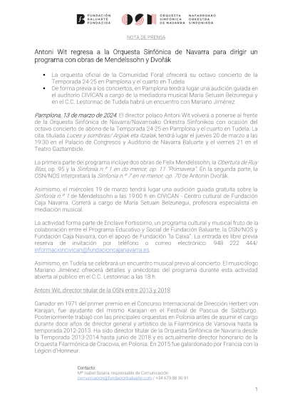 Regresa Antoni Wit a la Orquesta Sinfónica de Navarra, dirigiendo un programa excepcional con las obras maestras de Mendelssohn y Dvořák. Regresa Antoni Wit a la Orquesta Sinfónica de Navarra, dirigiendo un programa excepcional con las obras maestras de Mendelssohn y Dvořák.