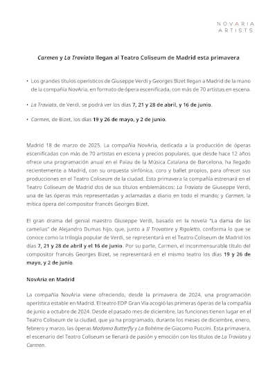 Carmen y La Traviata llegan al Teatro Coliseum de Madrid esta primavera buscando acercar la ópera a todos los públicos Carmen y La Traviata llegan al Teatro Coliseum de Madrid esta primavera buscando acercar la ópera a todos los públicos
