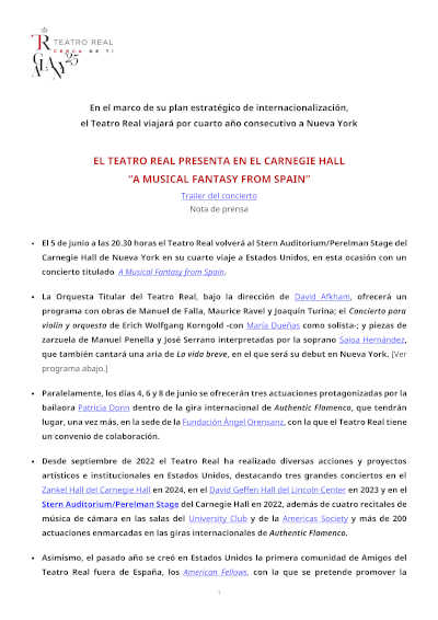"A musical fantasy from Spain" en Carnegie Hall, cortesía del Teatro Real. Un evento que celebra la riqueza de la música española.