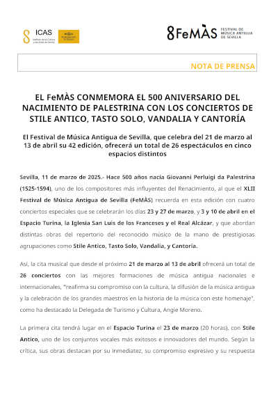 El FeMÀS conmemora el 500 aniversario del nacimiento de Palestrina con Stile Antico, Tasto Solo, Vandalia y Cantoría