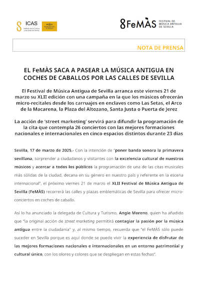 El FeMÀS lleva la música antigua a las calles de Sevilla con conciertos en coches de caballos, ofreciendo una experiencia cultural única en un entorno histórico.
