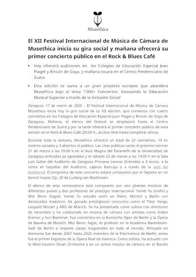 El XII Festival Internacional de Música de Cámara de Musethica inicia su gira social y presenta su primer concierto público, acercando la excelencia musical a nuevos espacios.