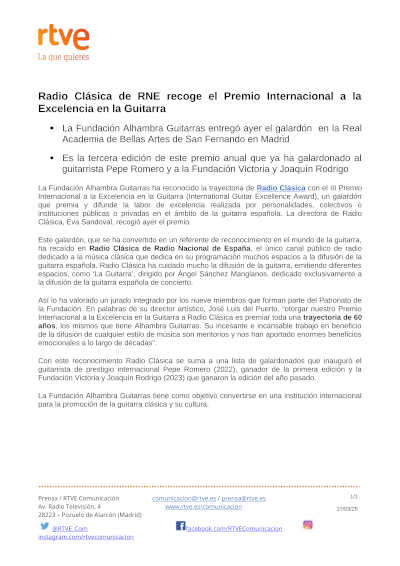 Radio Clásica de RNE recibe el Premio Internacional a la Excelencia en la Guitarra, reconociendo su contribución a la difusión de la música clásica. Radio Clásica de RNE recibe el Premio Internacional a la Excelencia en la Guitarra, reconociendo su contribución a la difusión de la música clásica.
