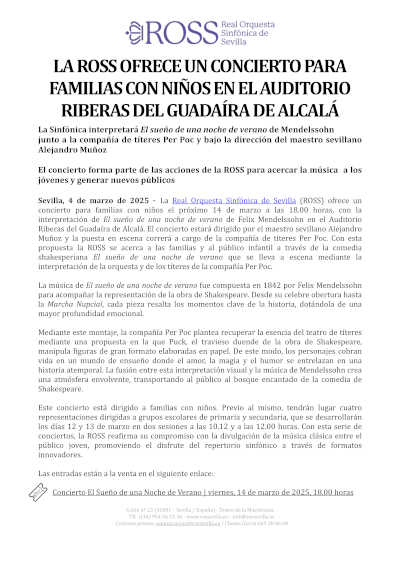 Concierto familiar de La ROSS en el Auditorio Riberas del Guadaíra de Alcalá. Una oportunidad perfecta para disfrutar de la música en familia.
