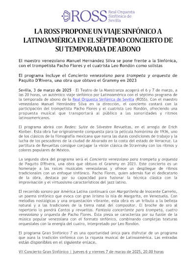 La ROSS invita a un viaje sinfónico a Latinoamérica en su séptimo concierto de la temporada. Descubre ritmos y melodías que te transportarán. La ROSS invita a un viaje sinfónico a Latinoamérica en su séptimo concierto de la temporada. Descubre ritmos y melodías que te transportarán.