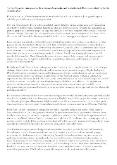 Viva una experiencia sensorial única en la Semana Santa con *Nox Transitus* en el Monasterio de Uclés, dentro del festival Lux in Tenebris 2025.