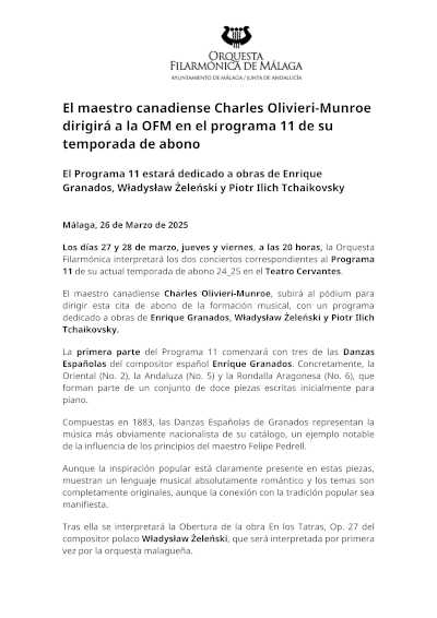 El maestro canadiense Charles Olivieri-Munroe dirigirá a la OFM en el programa 11 de su temporada de abono, ofreciendo un destacado concierto sinfónico.