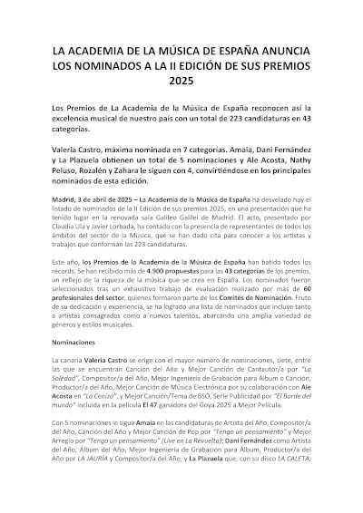 La Academia de la Música de España publica los nominados a los Premios 2025 en su II Edición, destacando el talento musical nacional.
