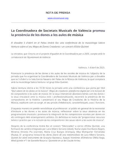 La Coordinadora de Sociedades Musicales de Valencia fomenta la participación de las mujeres en las aulas de música, impulsando la igualdad y diversidad cultural.