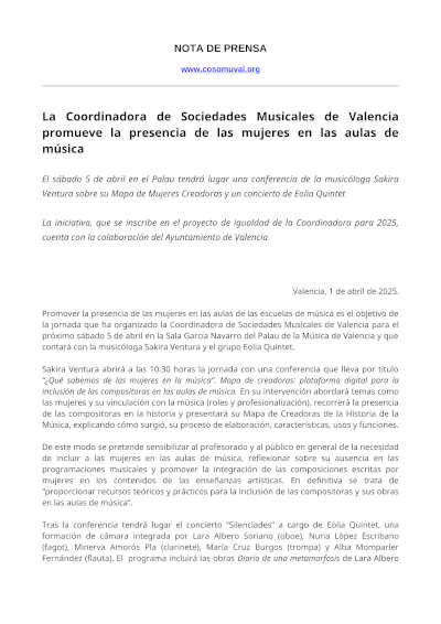 La Coordinadora de Sociedades Musicales de Valencia fomenta la participación de las mujeres en las aulas de música, impulsando la igualdad y diversidad cultural.