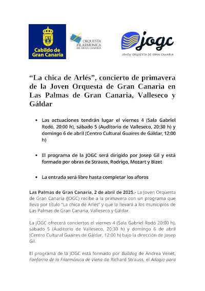 Concierto “La chica de Arlés” de la Joven Orquesta de Gran Canaria en Las Palmas, Valleseco y Gáldar, con repertorio clásico y talento emergente.