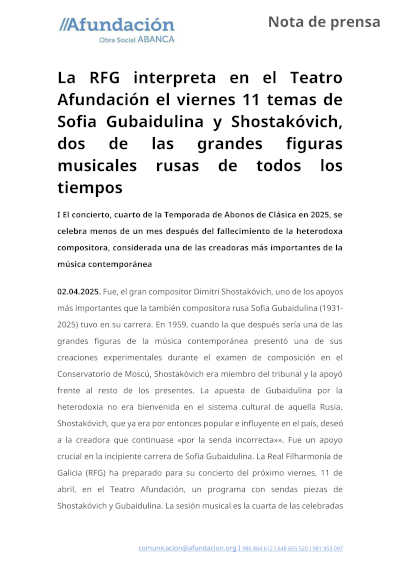 La Real Filharmonía de Galicia interpreta obras de Sofia Gubaidulina y Shostakóvich en el Teatro Afundación en un destacado concierto sinfónico. La Real Filharmonía de Galicia interpreta obras de Sofia Gubaidulina y Shostakóvich en el Teatro Afundación en un destacado concierto sinfónico.