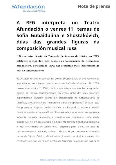 La Real Filharmonía de Galicia interpreta obras de Sofia Gubaidulina y Shostakóvich en el Teatro Afundación en un destacado concierto sinfónico. La Real Filharmonía de Galicia interpreta obras de Sofia Gubaidulina y Shostakóvich en el Teatro Afundación en un destacado concierto sinfónico.