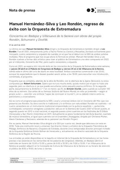 Manuel Hernández-Silva y Leo Rondón, regreso de éxito con la Orquesta de Extremadura