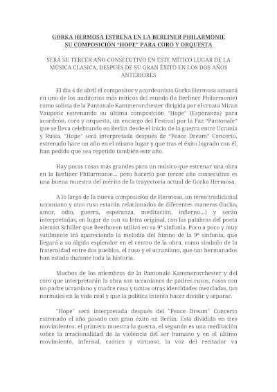 El compositor Gorka Hermosa presenta su obra *Hope* para coro y orquesta en la prestigiosa Berliner Philharmonie, consolidando su proyección internacional. El compositor Gorka Hermosa presenta su obra *Hope* para coro y orquesta en la prestigiosa Berliner Philharmonie, consolidando su proyección internacional.