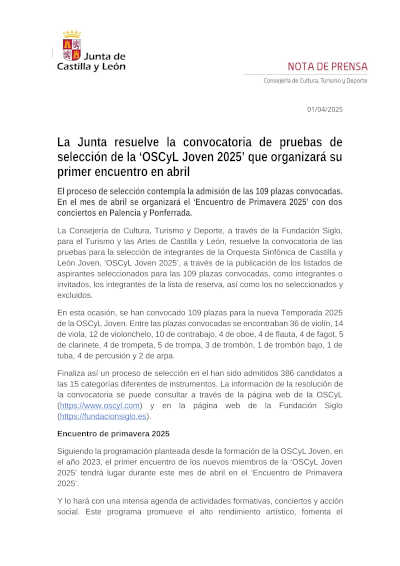 La Junta resuelve la convocatoria de selección de la OSCyL Joven 2025, cuyo primer encuentro se celebrará en abril con jóvenes músicos seleccionados. La Junta resuelve la convocatoria de selección de la OSCyL Joven 2025, cuyo primer encuentro se celebrará en abril con jóvenes músicos seleccionados.