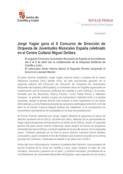 Jorge Yagüe gana el II Concurso de Dirección de Orquesta de JM España celebrado en el Centro Cultural Miguel Delibes